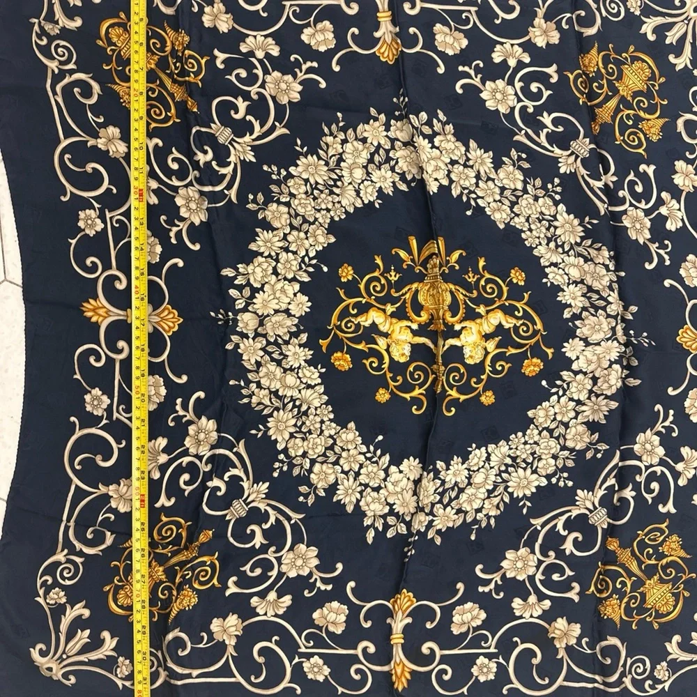 Enrico Coveri 100% Silk Scarf Navy Gold Baroque Floral Made in Italy 34 Vintage
